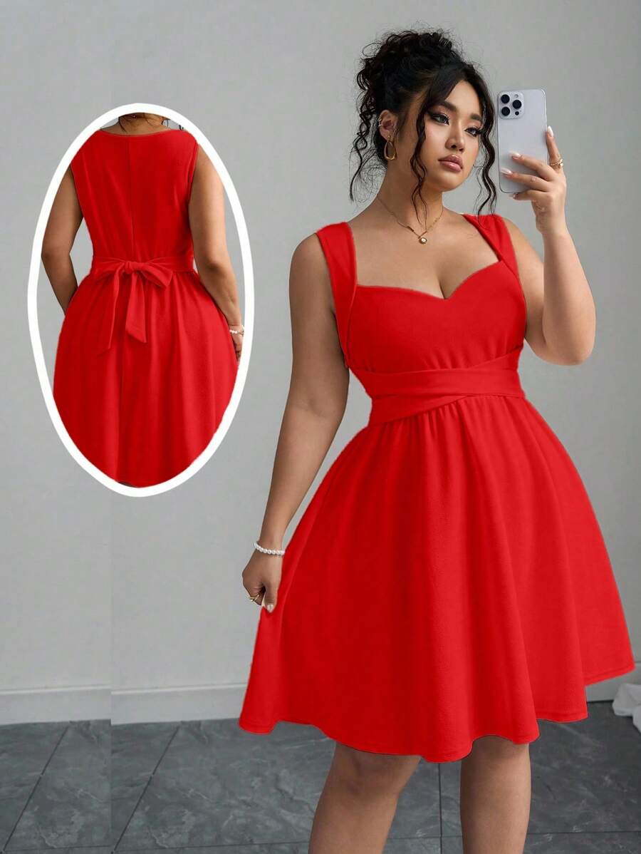 Elenzga Đầm dự tiệc mini không tay thắt nơ cổ trái tim thanh lịch cỡ lớn cho nữ, phong cách nghỉ dưỡng mùa hè - Đỏ - Xem 1