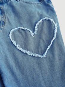 SHEIN MOD 大码休闲棉质直筒牛仔裤，甜心印花，粉色 - 中等水洗藍 - 查看 4