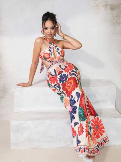 Melissa Matos 2025 New Wave Hochzeitssaison Simian Style Bunter Urlaub Tägliches Dating Geburtstagsparty Kreuz Neckholder Hohle Brust Freiliegende Taille Rückengurt Schleife Verzierter Saum, Sommerkleider für Frauen