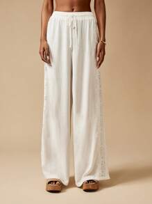 MISSGUIDED Quần ống rộng Palazzo Linen Look có họa tiết Broderie Anglaise ở bên hông, trang phục thường ngày cho kỳ nghỉ hè tại khu nghỉ dưỡng bãi biển - trắng - Xem 4