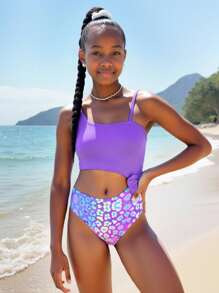Ensemble maillot de bain une-pièce à imprimé floral violet + cache-maillot