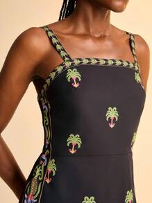 CAJUNI Women's Casual Vacation Black Green Coconut Tree Print Jumpsuit Country Concert Outfit Outfit Bohemian Style Women's Clothing Casual Dresses For Women   Black Dress