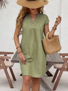 EMERY ROSE 女式休闲V领水洗牛仔连衣裙，夏季 - 綠色 - 查看 3