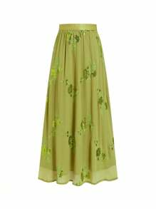 Ellevyn Bộ 2 áo sơ mi tay ngắn cổ tròn in hoa và chân váy lưới thêu cạp chun cho nữ, phong cách nghỉ dưỡng thanh lịch - màu xanh lá - Xem 5