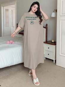 Dazy Plus Plus Size Round Neck Letter Print Loose Straight Nightgown Style Long Tee, For Home Use In Summer Pajama - Apricot - View 4