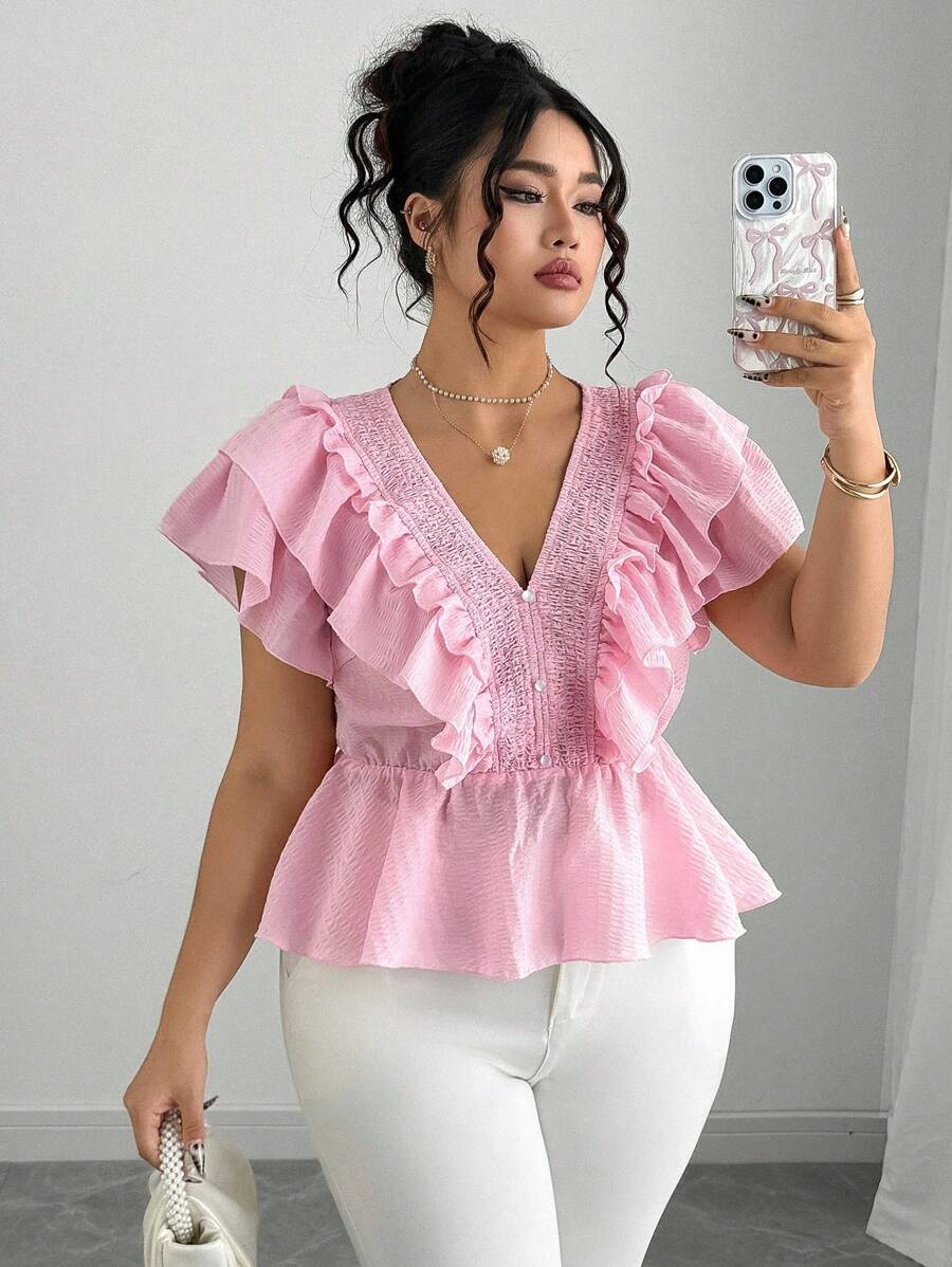 Elenzga Plus Size Elegant Pleated V-Neck Textured Blouse - Pink - View 1