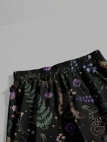 ROMWE Goth 哥特黑暗哥特神秘女巫蛾叶植物蝴蝶蛇太阳月亮星星女士阔腿裤 - 黑色 - 查看 3