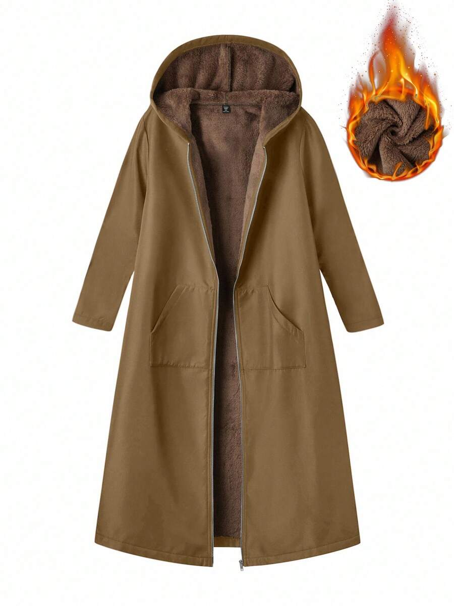 SHEIN Unity 女士长款毛绒连帽常规外套 - 咖啡棕 - 查看 1