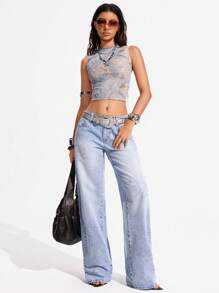 Jeanoix Women's Low Waist Rhinestone Flower Graphic Pockets Straight Leg Jeans Y2k - Light Wash - View 5