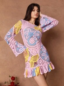 SHEIN Unity Robe mini élégante, sexy et romantique avec manches évasées en dentelle crochetée, empiècement ajouré et ourlet bicolore. Robe de fée - Multicolore - Voir 2