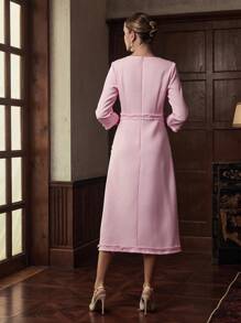 ZEYLAH Women's Fashion Pink Round Neck 3/4 Sleeve Fringe Button Design Elegant Dress - Pink - View 3
