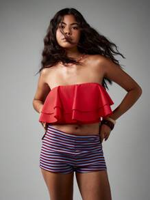 AiiRZ Strapless Ruffle Crop Top Summer Beach Party Festival Double Layer Ruffled Bandeau Cotton Poplin Casual Club Vacation Night Out - Red - View 5