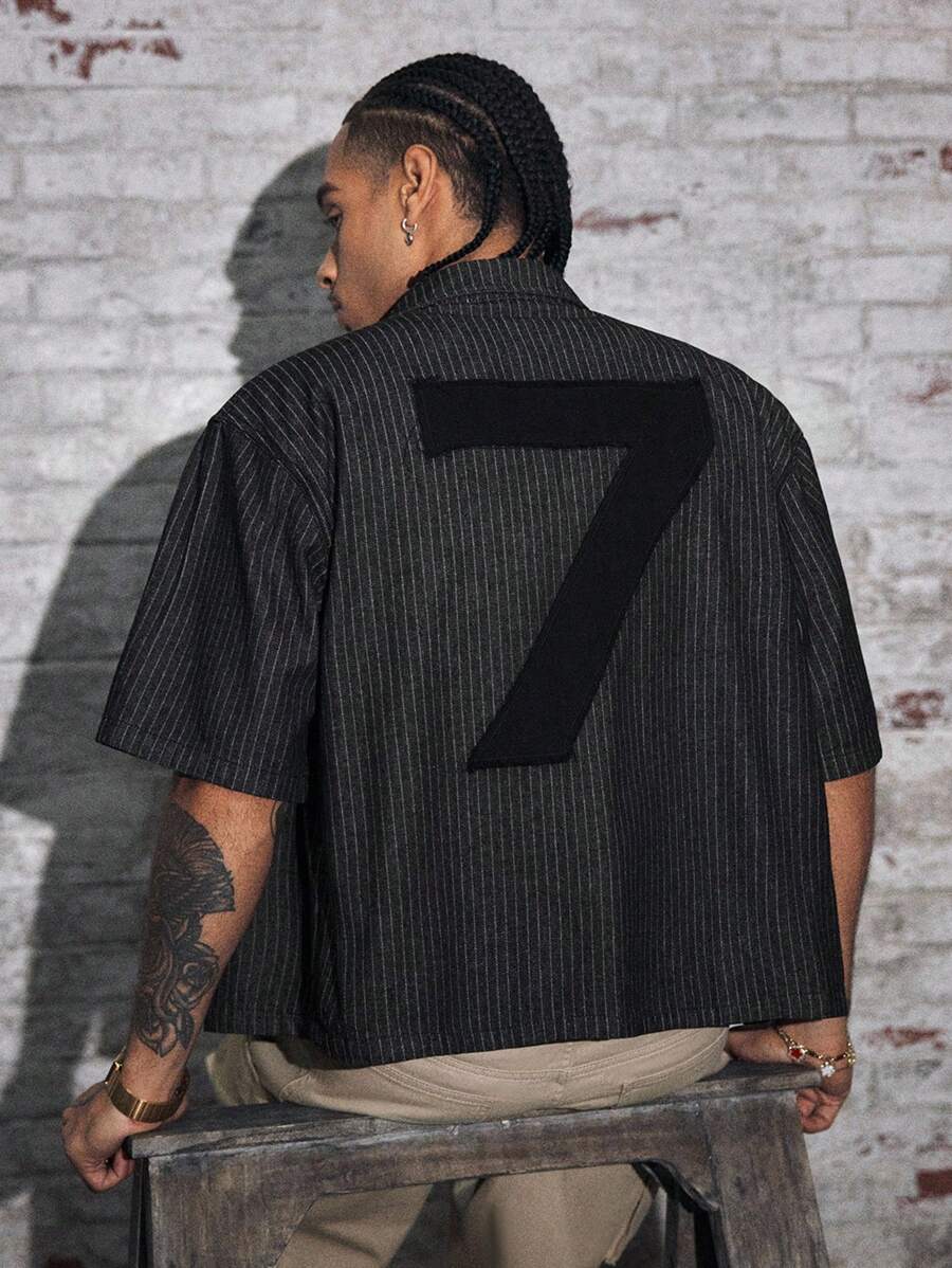 AXEPEAK Men's Numeric Pattern Striped Single-Breasted Casual Denim Short Sleeve Top - Black - View 1