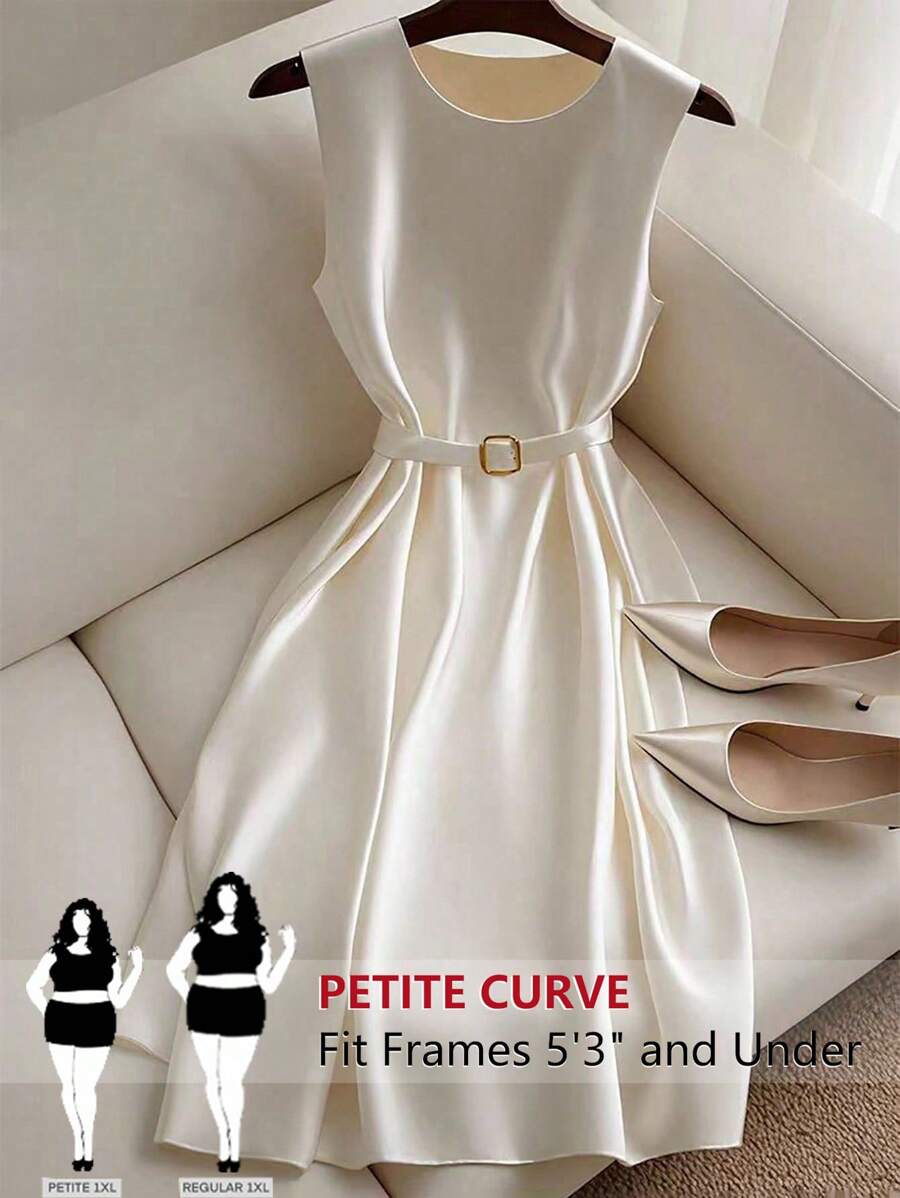 SHEIN PETITE 大码女式法式优雅缎面提花中长连衣裙 - 杏色 - 查看 1