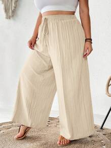 SHEIN CURVE+ 女士加大码新款商务休闲夏季沙滩裤，时尚通勤优雅紫色莲藕粉色阔腿裤带口袋，海滩度假装束加大码曲线裤曲线夏季裤加大码波西米亚风裤曲线阔腿裤加大码沙滩裤 - 杏色 - 查看 8