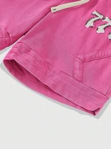 ROMWE MEN Prep Shorts Casuais de Verão Masculinos com Bordado Numérico - Pink - Visão 5