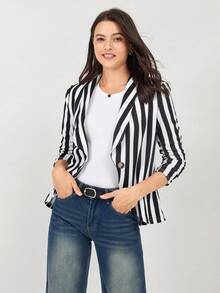 Miaspire Blazer de mujer con mangas abullonadas en rayas blancas y negras, adecuado para usar en la oficina y para vestir casual