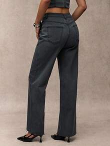 SHEIN BAE Ladies' Straight Leg Wide Casual Jeans With Pockets, Versatile - Black - View 2