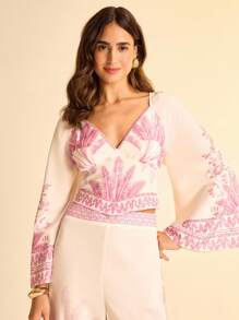 CAJUNI Women Boho Tropical Pink Coconut Tree Plant Print V-Neck Flare Sleeve Blouse - Multicolor - View 4