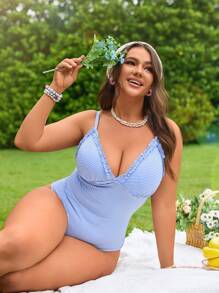 Swim Mod Plus Size One-Piece Swimsuit With Ruffles And Straps, Sweet And Cute Simple Design, Bubble Fabric For Summer Beach Vacation - Blue and White - View 1