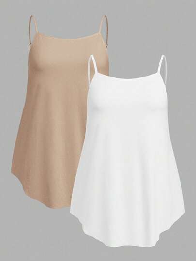 SHEIN EZwear 2pcs Solid Color Khaki & White Plus Size Basic Camisole Tops, Summer