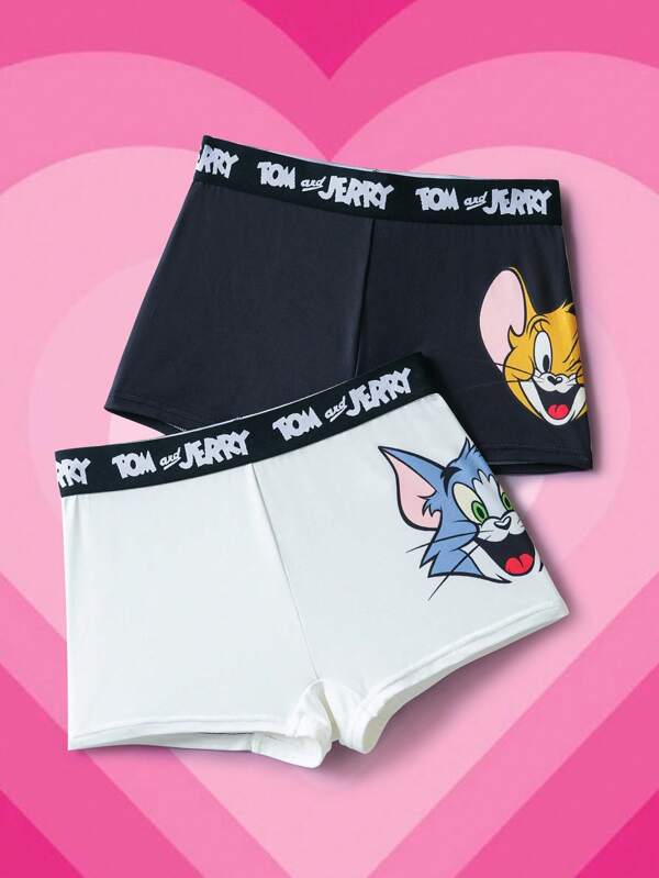 TOM & JERRY X SHEIN 2 piezas Pantalones cortos tipo bóxer con diseño de letras y dibujos animados de moda