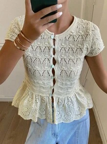 DAZY Suéter de punto casual de cuello redondo de manga corta con ajuste ceñido, dobladillo de encaje de unicolor y parches, para vacaciones, otoño - Beis - Ver 4