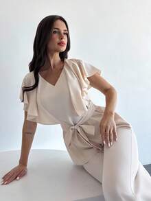 Firerie Women's Elegant Minimalist Delicate Romantic V-Neck Ruffle Belted Waist A-Line Hem Shirt Blouse & High Waist Long Pants Apricot 2 Pieces Suit Set, Suitable For Daily, Commute, Vacation - Apricot - View 7