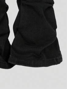 SHEIN Young Girls' Fashionable Black Washed Denim Jeans, Ruched Flare Leg Skinny Fit, Stretchy & Comfortable Fabric, Decorated With White Bow & Pearl, Stylish For Cool Girls Fall Winter - Black - View 9