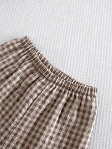 2 Stücke/Set Schlafanzug-Set für junge Frauen bestehend aus hochwertigem gewebtem navy-blauem Stoff mit vorne offener Bluse mit gestickter Cartoon-Grafik und Hose - Braun - Übersicht 3
