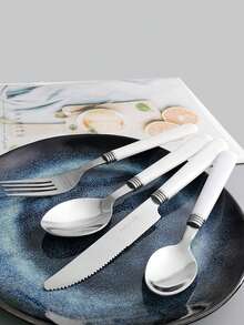 Cirelle Thickened Stainless Steel Cutlery Set With Plastic Handle – Kitchen Tableware Flatware Cutlery Set (Steak Knife, Fork, Spoon, Teaspoon) | Cutlery,Dinner Set,Kitchen Accessories,Spoon And Fork Set - Multicolor - View 5