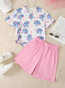 Girl Big Kids Simple Cute Blue Rabbit Print Pink Background Short Sleeve Top And Pink Shorts 2pcs Set - Multicolor - View 3