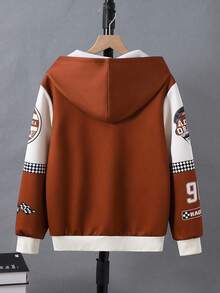 SHEIN 1 件 Tween Boy 字母印花羊毛连帽夹克，秋冬，男童赛车夹克，男童连帽夹克，男童图案夹克，返校 - 棕色 - 查看 2