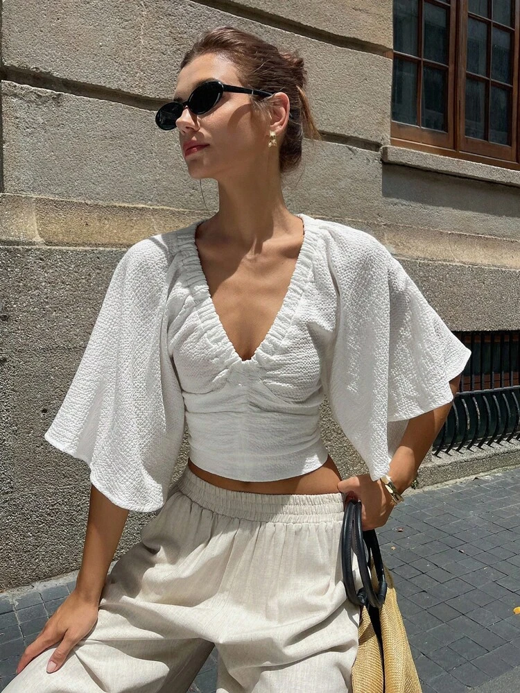 Women's Deep V-Neck Waist Cinched Puff Sleeve Super Cropped Textured Fabric Casual Shirt, Spring & Summer