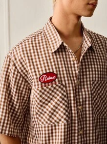 SWAVVY Men's Summer Casual Street College Style Letter Embroidery Gingham Print Patchwork Pocket Loose Shirt - Brown - View 4