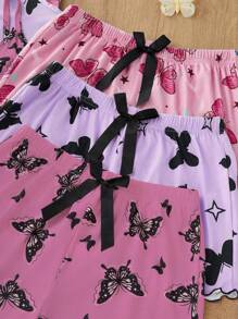 SHEIN 3pcs Set Young Women Casual Butterfly Print Camisole Shorts Pajama Set, Multi-Color Butterfly Pajama Set Two Piece Sleepwear Set Summer Pajama Set Lingerie Sleep Set Bow Pajama Set