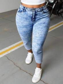 INAWLY 大码女式牛仔印花休闲七分紧身裤