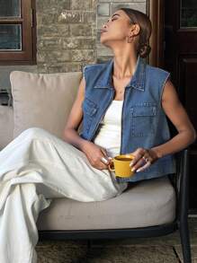 DAZY Women's Sleeveless Collar Casual Jacket Coat - Blue - View 3