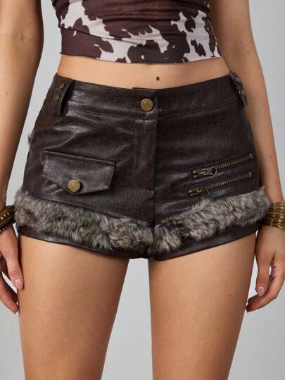 Pantaloncini mini in vita bassa, stile retrò Y2K, hippie, western, cowgirl, in pelle sintetica con motivo patchwork e pelouche