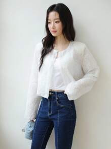 SHEIN Unity Women's White Cropped Textured Fuzzy Jacket,Long Sleeve Round Neck Lightweight Knitted Outerwear,Elegant Autumn Clothes Perfect For Tea Party Chic - White - View 5