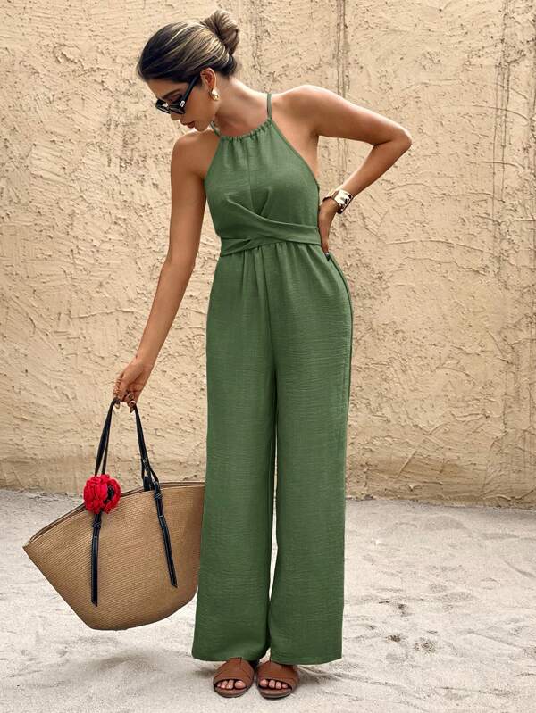 SHEIN Frenchy Damen einfarbiger Jumpsuit mit Kreuz-Taille-Design und Neckholder, Lässig Resort-Mode