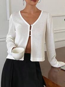 Livesso Cardigan feminino de malha com decote em V, manga comprida, cor sólida, casual, para férias, roupas femininas de outono - Branco - Ver 5
