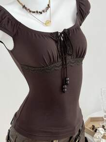 Elamini Áo thun nữ họa tiết ren chắp vá cổ điển đính hạt gỗ thắt nơ, Xuân/Hè - màu nâu - Xem 5