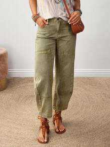 SHEIN Tall Women's Casual Pockets Tapered Waist Versatile Jeans - Army Green - View 1