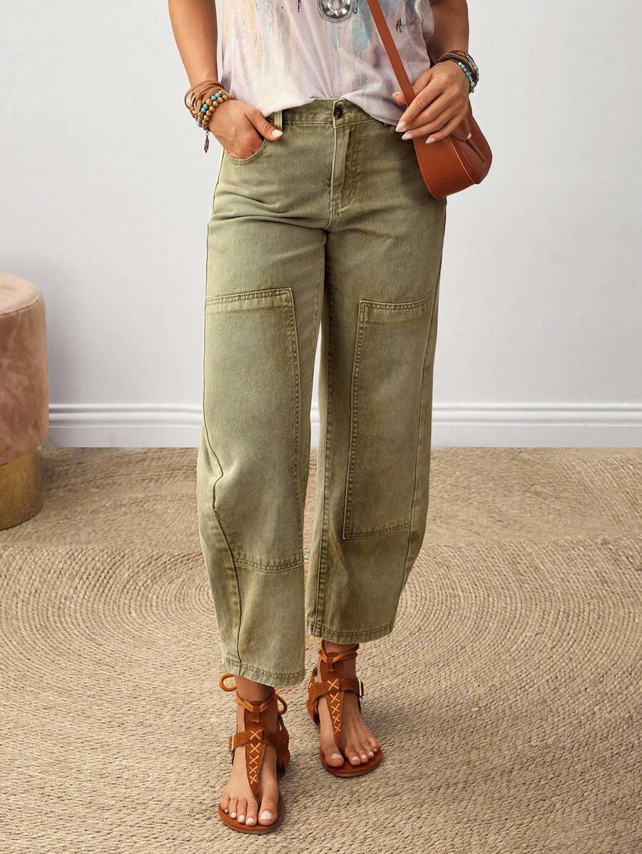 SHEIN Tall Women's Casual Pockets Tapered Waist Versatile Jeans - Army Green - View 1