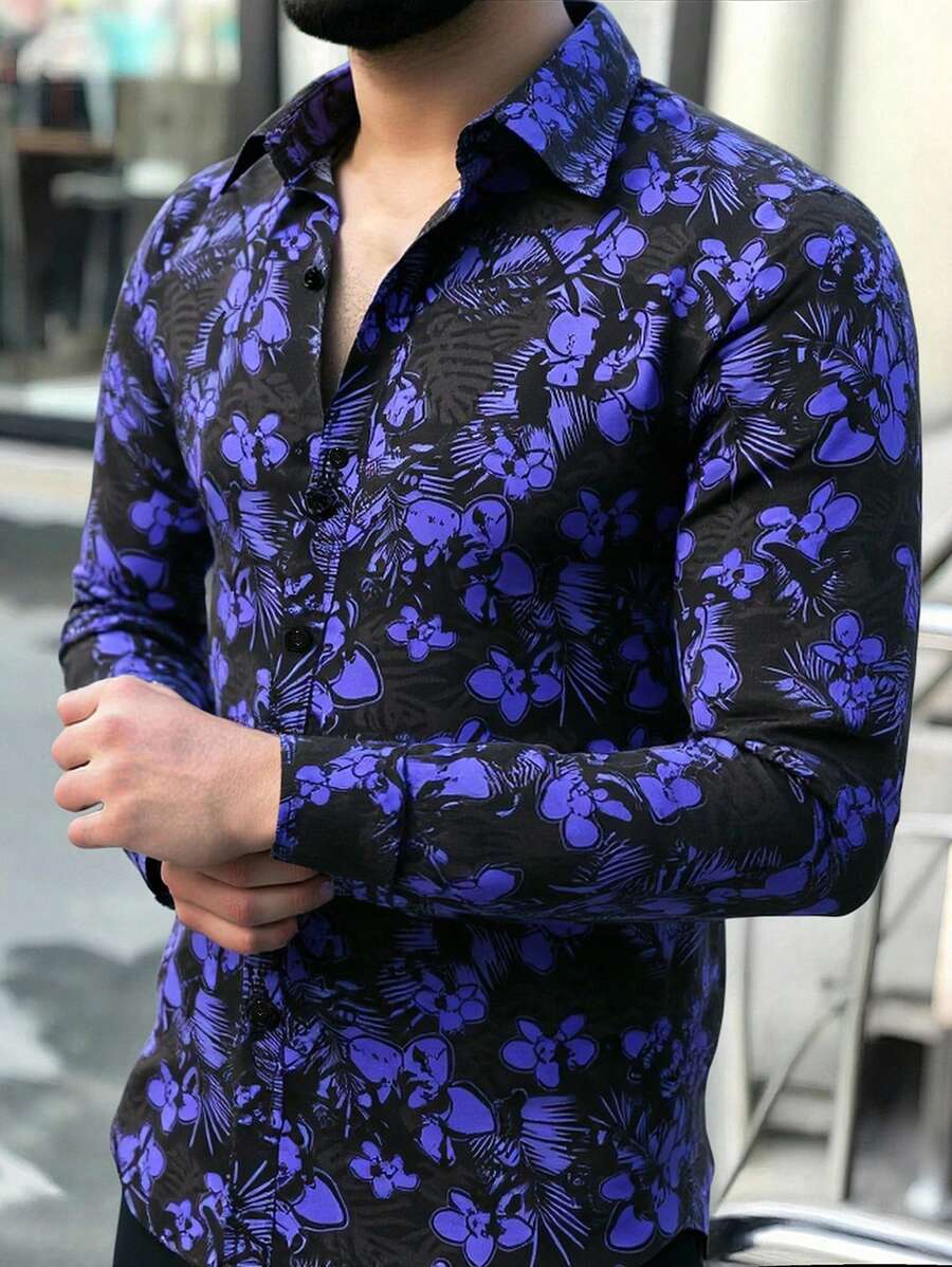 Manfinity Homme 男士花卉印花单排扣休闲长袖衬衫,秋季 - 彩色 - 查看 1