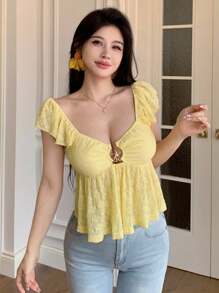 Modelyn Yellow Hollow-Out Metal Buckle Short Sleeve Cropped Blouse Top For Women - Yellow - View 9