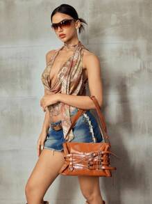 SHECARRY Túi đeo vai thời trang có khóa cài có thể điều chỉnh dành cho nữ bằng da - Màu vàng - Xem 2