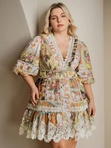 Anewsta 大码女式优雅 V 领灯笼袖拼布花卉印花腰带 A 字连衣裙，适合度假、春夏季节、毕业典礼 - 黃色 - 查看 3