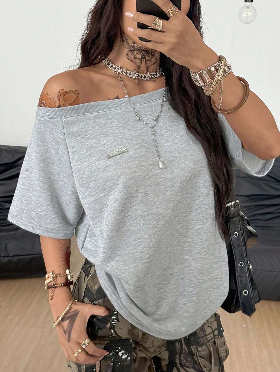 Coolane 女士夏季纯色露肩短袖休闲宽松T恤 - 灰色 - 查看 1